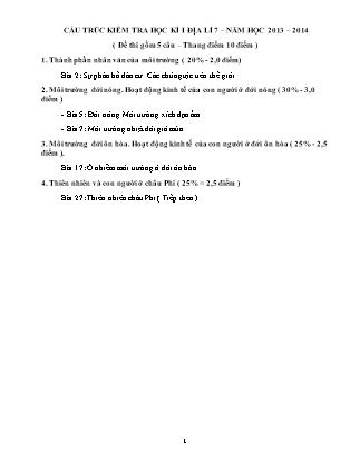 Đề kiểm tra Học kì 1 Địa lí Khối 7 - Năm học 2013-2014 - Trường THCS Vĩnh Thuận (Có đáp án)