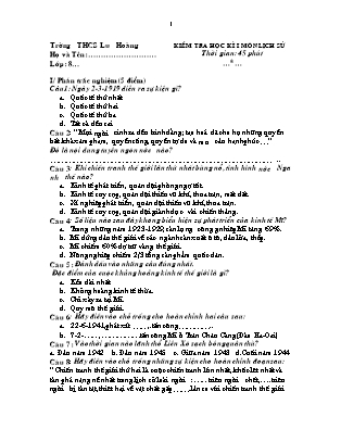 Đề kiểm tra Học kì 1 Lịch sử Lớp 8 - Trường THCS Lưu Hoàng