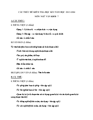 Đề kiểm tra Học kì 1 Ngữ văn Lớp 7 - Năm học 2013-2014 (Có đáp án)