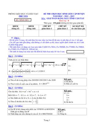 Đề thi chọn học sinh giỏi giải toán trên máy tính cầm tay cấp huyện Lớp 9 - Năm học 2012-2013 - Phòng giáo dục vào đào tạo Phú Tân (Có đáp án)