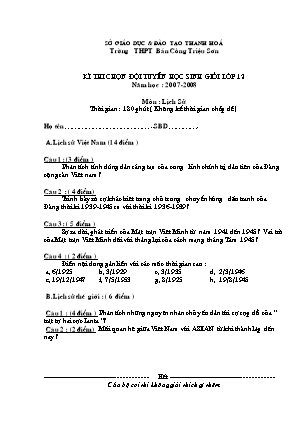 Đề thi chọn học sinh giỏi Lịch sử Lớp 12 - Năm học 2007-2008 - Trường THPT Bán công Triệu Sơn (Có đáp án)