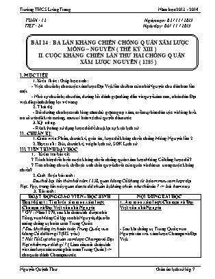 Giáo án Lịch sử Lớp 7 - Bài 14: Ba lần kháng chiến chống quân xâm lược Mông Nguyên thế kỷ XIII (Tiết 2) - Nguyễn Quỳnh Thư