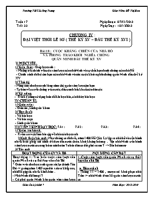 Giáo án Lịch sử Lớp 7 - Bài 18: Cuộc kháng chiến của nhà Hồ và phong trào khởi nghĩa chống quân Minh đầu thế kỷ XV - Đỗ Thị Hoa