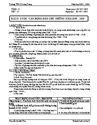 Giáo án Lịch sử Lớp 9 - Bài 20: Cuộc vận động Dân chủ những năm 1936-1939 - Nguyễn Quỳnh Thư