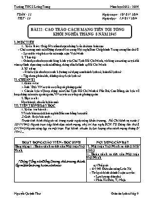 Giáo án Lịch sử Lớp 9 - Bài 22: Cao trào cách mạng tiến tới tổng khởi nghĩa tháng 8 năm 1945 - Nguyễn Quỳnh Thư