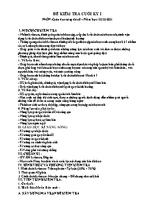 Đề kiểm tra Cuối học kì 1 Giáo dục công dân Lớp 8 - Năm học 2020-2021 (Có đáp án)