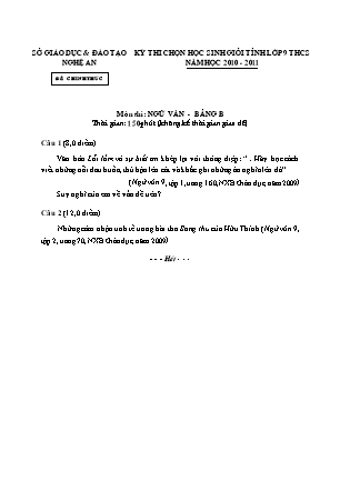 Đề thi chọn học sinh giỏi cấp tỉnh Ngữ văn Lớp 9 - Bảng B - Năm học 2010-2011 - Sở giáo dục vào đào tạo Nghệ An (Có đáp án)
