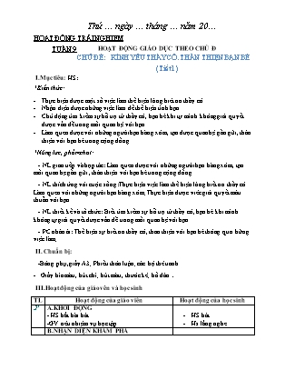 Giáo án Hoạt động trải nghiệm Lớp 2 Sách Chân trời sáng tạo - Tuần 9 - Chủ đề: Kính yêu thầy cô. Thân thiện bạn bè (Tiết 1)