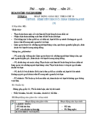 Giáo án Hoạt động trải nghiệm Lớp 2 Sách Chân trời sáng tạo - Tuần 10 - Chủ đề: Kính yêu thầy cô. Thân thiện bạn bè (Tiết 2)