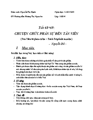 Giáo án Ngữ văn Lớp 10 - Tiết 68+69: Văn bản Chuyện chức phán sự đền Tản Viên - Năm học 2019-2020 - Nguyễn Thị Hạnh