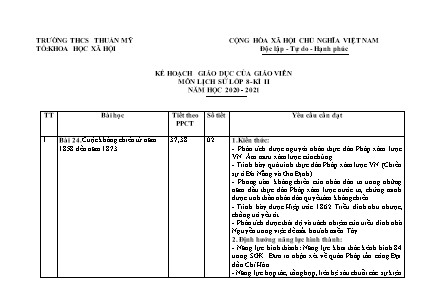 Kế hoạch dạy học Lịch sử Lớp 8 - Chương trình học kì 2 - Năm học 2020-2021 - Trường THCS Thuần Mỹ