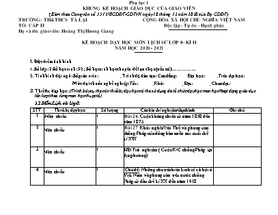 Kế hoạch dạy học Lịch sử Lớp 8 theo CV5512 - Chương trình học kì 2 - Năm học 2020-2021 - Trường THCS Tà Lại