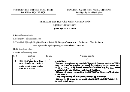 Kế hoạch dạy học Lịch sử Lớp 9 - Năm học 2020-2021 - Trường THCS Công Định