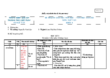 Kế hoạch dạy học Ngữ văn Lớp 8 - Năm học 2020-2021 - Trường THCS Quế Xuân