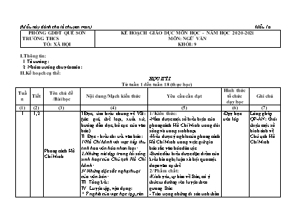 Kế hoạch dạy học Ngữ văn Lớp 9 - Năm học 2020-2021