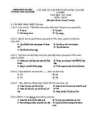 Câu hỏi ôn tập thi tuyển sinh vào Lớp 10 THPT môn Giáo dục công dân - Năm học 2017-2018 - Trường THCS Kim Chính (Có đáp án)