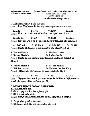 Câu hỏi ôn tập thi tuyển sinh vào Lớp 10 THPT môn Lịch sử - Năm học 2017-2018 - Trường THCS Kim Chính (Có đáp án)