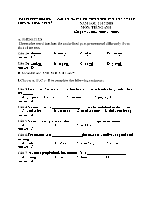Câu hỏi ôn tập thi tuyển sinh vào Lớp 10 THPT môn Tiếng Anh - Đề 2 - Năm học 2017-2018 - Trường THCS Kim Mỹ (Có đáp án)