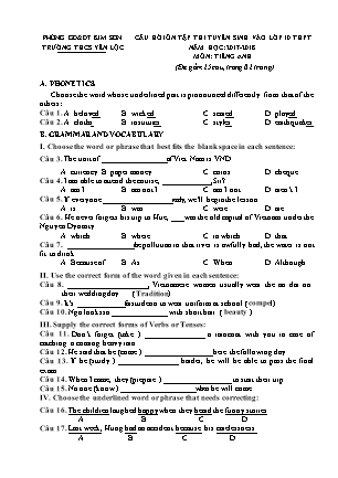 Câu hỏi ôn tập thi tuyển sinh vào Lớp 10 THPT môn Tiếng Anh - Đề 1 - Năm học 2017-2018 - Trường THCS Yên Lộc (Có đáp án)