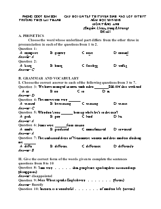 Câu hỏi ôn tập thi tuyển sinh vào Lớp 10 THPT môn Tiếng Anh - Năm học 2017-2018 - Trường THCS Lai Thành (Có đáp án)