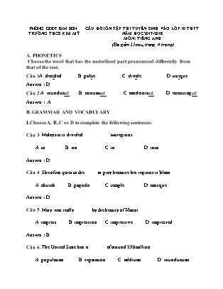 Câu hỏi ôn tập thi tuyển sinh vào Lớp 10 THPT môn Tiếng Anh - Đề 1 - Năm học 2017-2018 - Trường THCS Kim Mỹ (Có đáp án)