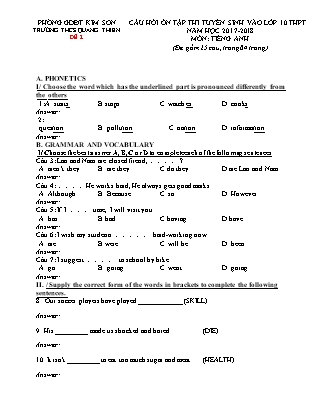 Câu hỏi ôn tập thi tuyển sinh vào Lớp 10 THPT môn Tiếng Anh - Đề 2 - Năm học 2017-2018 - Trường THCS Quang Thiện (Có đáp án)