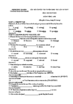 Câu hỏi ôn tập thi tuyển sinh vào Lớp 10 THPT môn Tiếng Anh - Đề 1 - Năm học 2017-2018 - Trường THCS Tân Thành (Có đáp án)