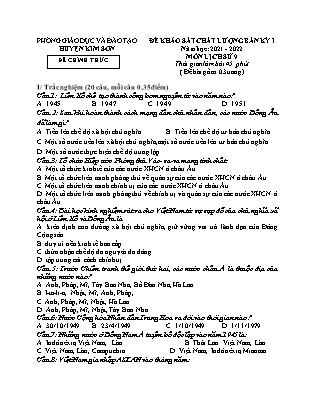 Đề khảo sát chất lượng giữa kì 1 Lịch sử Lớp 9 - Năm học 2021-2022 - Trường THCS Lai Thành (Có đáp án)