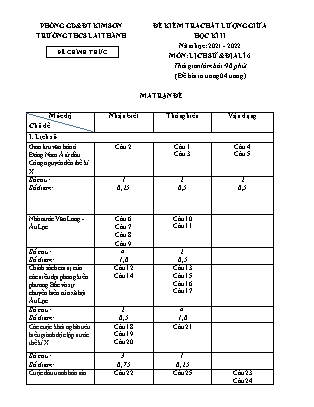 Đề kiểm tra chất lượng giữa học kì 2 Lịch sử và Địa lí Lớp 6 - Năm học 2021-2022 - Trường THCS Lai Thành (Có ma trận và đáp án)