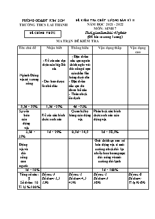 Đề kiểm tra chất lượng giữa học kì 2 Sinh học Lớp 7 - Năm học 2021-2022 - Trường THCS Lai Thành (Có ma trận và đáp án)