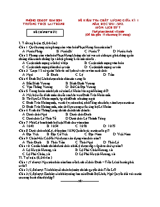 Đề kiểm tra chất lượng giữa kì 1 Lịch sử Lớp 7 - Năm học 2021-2022 - Trường THCS Lai Thành (Có đáp án)