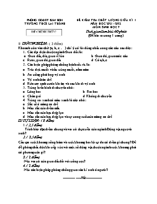 Đề kiểm tra chất lượng giữa kì 1 Sinh học Lớp 7 - Năm học 2021-2022 - Trường THCS Lai Thành (Có đáp án)