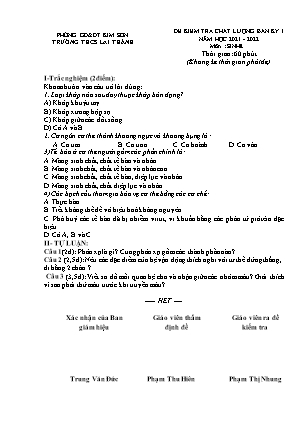 Đề kiểm tra chất lượng giữa kì 1 Sinh học Lớp 8 - Năm học 2021-2022 - Trường THCS Lai Thành (Có đáp án)