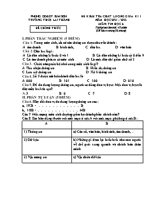Đề kiểm tra chất lượng giữa kì 1 Tin học Lớp 6 - Năm học 2021-2022 - Trường THCS Lai Thành (Có đáp án)