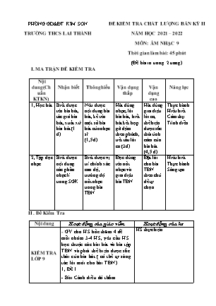 Đề kiểm tra chất lượng giữa kì 2 Âm nhạc Lớp 9 - Năm học 2021-2022 - Trường THCS Lai Thành (Có ma trận và hướng dẫn chấm)