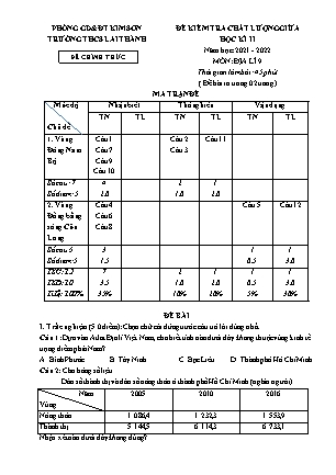 Đề kiểm tra chất lượng giữa kì 2 Địa lí Lớp 9 - Năm học 2021-2022 - Trường THCS Lai Thành (Có ma trận và đáp án)