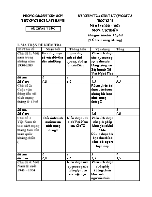 Đề kiểm tra chất lượng giữa kì 2 Lịch sử Lớp 9 - Năm học 2021-2022 - Trường THCS Lai Thành (Có ma trận và đáp án)