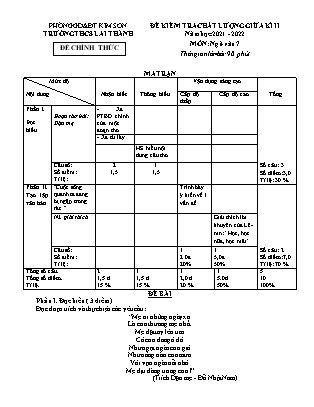 Đề kiểm tra chất lượng giữa kì 2 Ngữ văn Lớp 7 - Năm học 2021-2022 - Trường THCS Lai Thành (Có ma trận và đáp án)