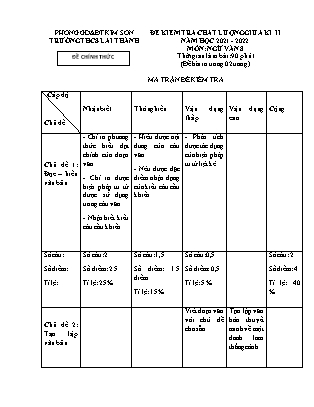 Đề kiểm tra chất lượng giữa kì 2 Ngữ văn Lớp 8 - Năm học 2021-2022 - Trường THCS Lai Thành (Có ma trận và đáp án)