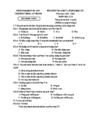 Đề kiểm tra chất lượng học kì 1 Địa lí Lớp 8 - Năm học 2021-2022 - Trường THCS Lai Thành (Có đáp án)