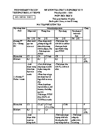 Đề kiểm tra chất lượng học kì 1 Hóa học Lớp 8 - Năm học 2021-2022 - Trường THCS Lai Thành (Có ma trận và đáp án)