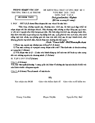 Đề kiểm tra chất lượng học kì 1 Ngữ văn Lớp 8 - Năm học 2021-2022 - Trường THCS Lai Thành (Có đáp án)