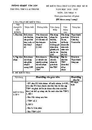 Đề kiểm tra chất lượng học kì 2 Âm nhạc Lớp 9 - Năm học 2021-2022 - Trường THCS Lai Thành (Có ma trận và hướng dẫn chấm)