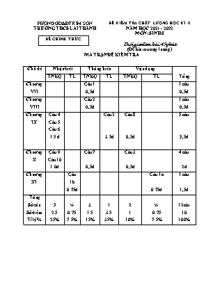 Đề kiểm tra chất lượng học kì 2 Sinh học Lớp 8 - Năm học 2021-2022 - Trường THCS Lai Thành (Có ma trận và đáp án)