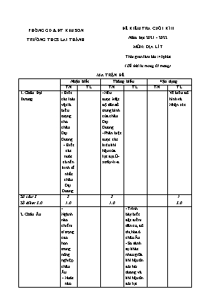 Đề kiểm tra cuối kì 2 Địa lí Lớp 7 - Năm học 2021-2022 - Trường THCS Lai Thành (Có ma trận và đáp án)