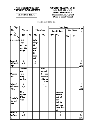 Đề kiểm tra giữa kì 2 Công nghệ Lớp 8 - Năm học 2021-2022 - Trường THCS Lai Thành (Có ma trận và đáp án)