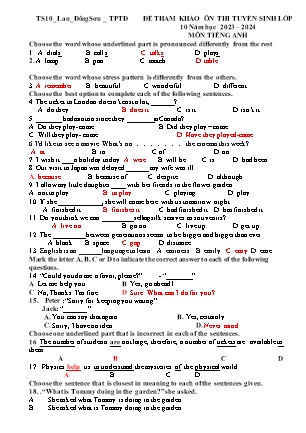 Đề ôn thi tuyển sinh vào Lớp 10 môn Tiếng Anh - Năm học 2023-2024 - Trường THCS Đông Sơn (Có đáp án)
