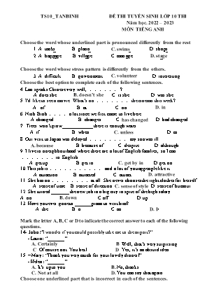 Đề ôn thi tuyển sinh vào Lớp 10 môn Tiếng Anh - Năm học 2023-2024 - Trường THCS Tân Bình (Có đáp án)
