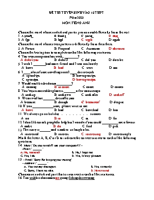 Đề ôn thi vào Lớp 10 môn Tiếng Anh - Năm học 2023-2024 - Trường THCS Quang Sơn (Có đáp án)