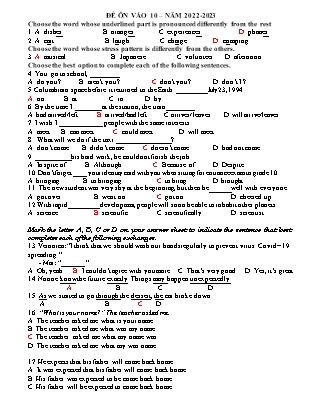Đề ôn thi vào Lớp 10 môn Tiếng Anh - Năm học 2023-2024 - Trường THCS Đồng Giao (Có đáp án)